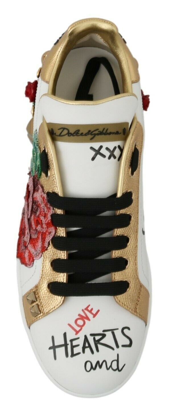 Dolce & Gabbana Weiße Rosen Pailletten Kristall Damen Sneakers Schuhe