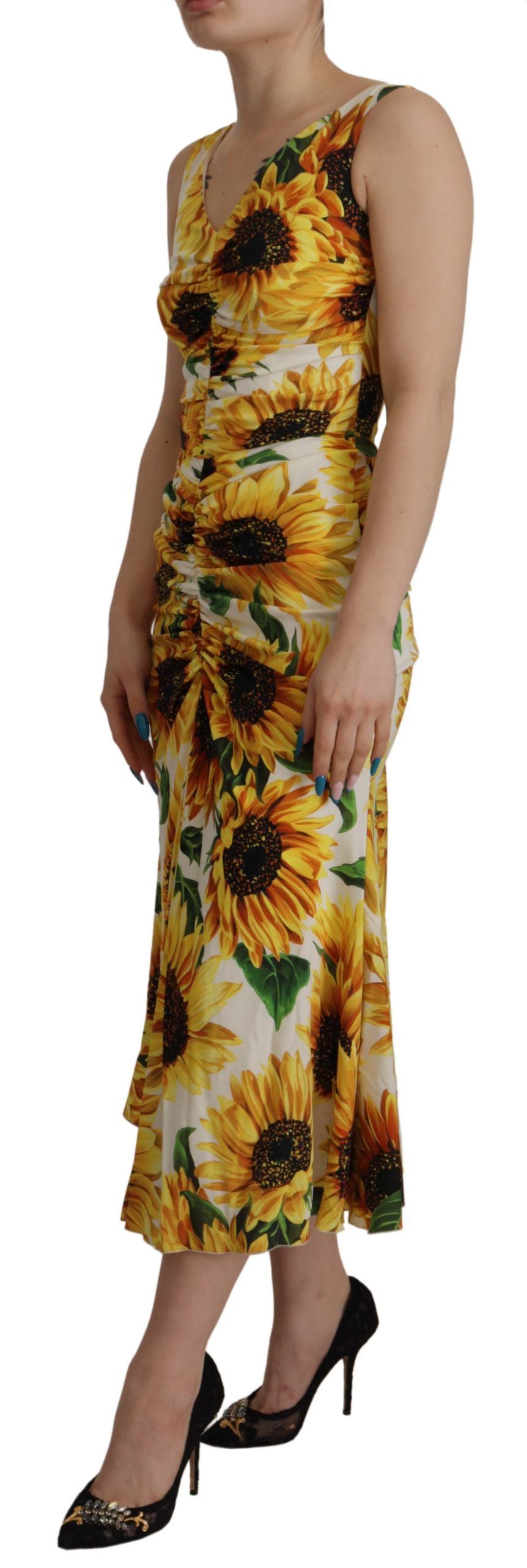 Dolce & Gabbana Weißes Etuikleid aus Seide mit Sonnenblumen-Print