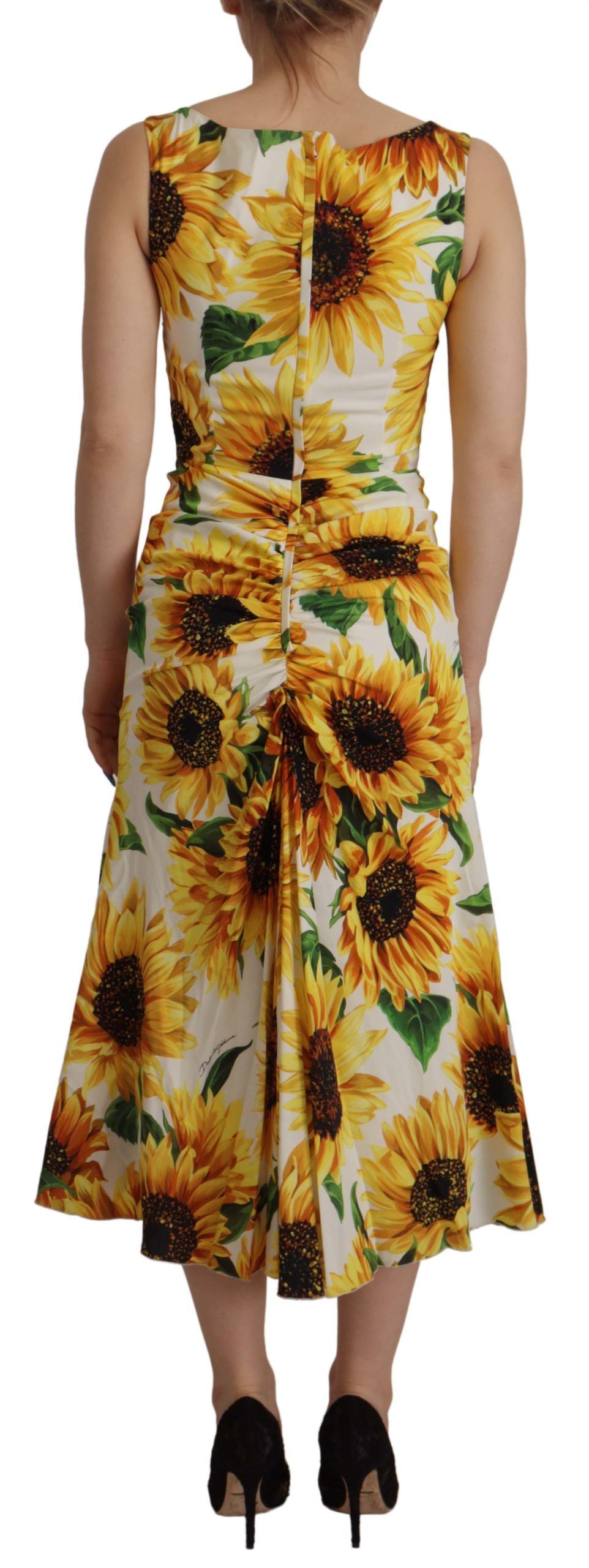 Dolce & Gabbana Weißes Etuikleid aus Seide mit Sonnenblumen-Print