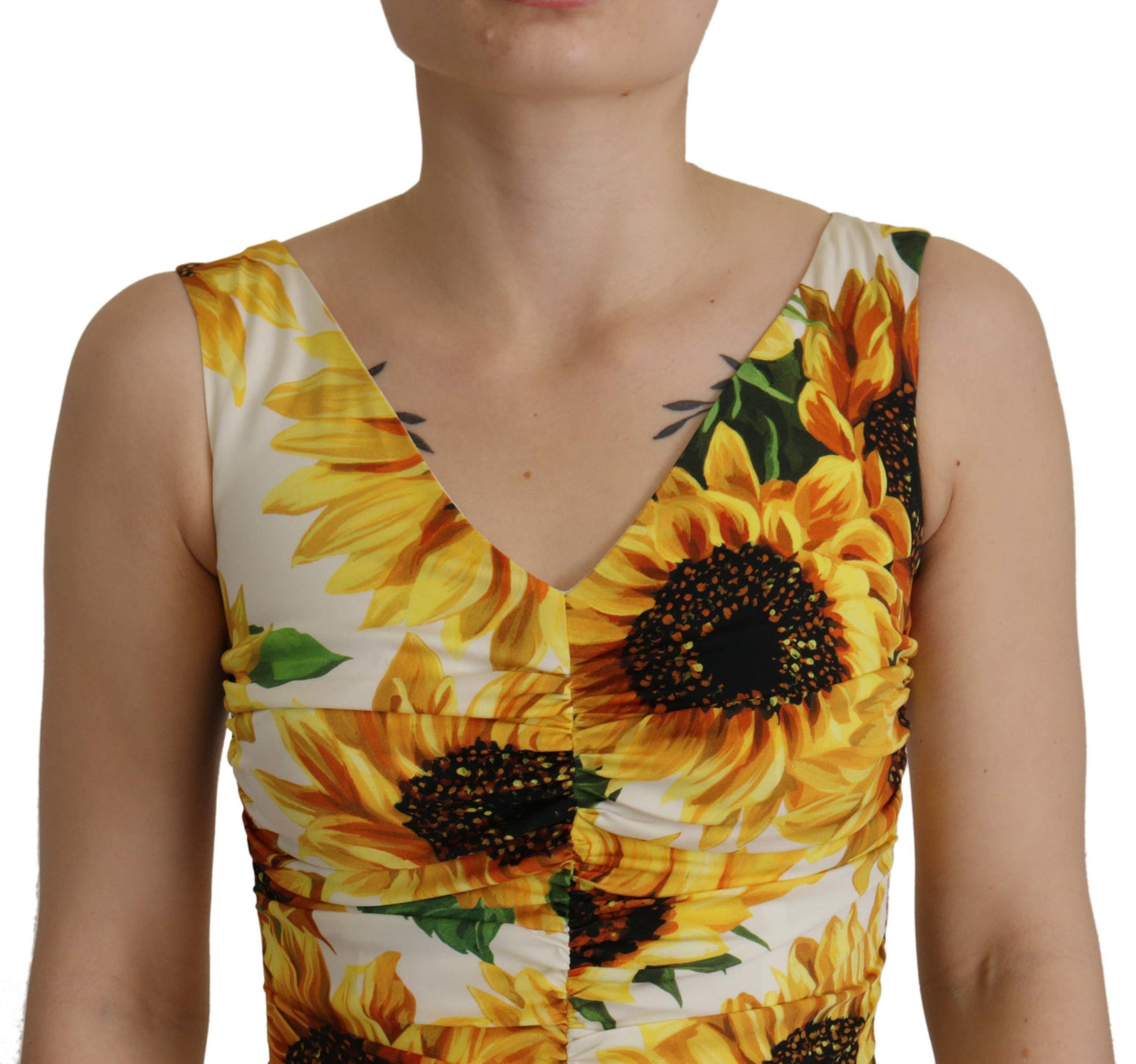 Dolce & Gabbana Weißes Etuikleid aus Seide mit Sonnenblumen-Print