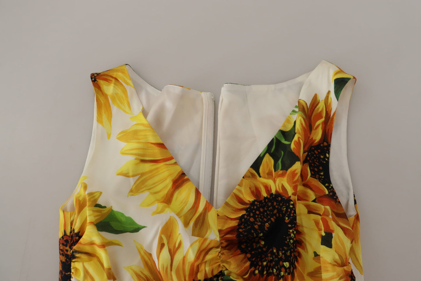 Dolce & Gabbana Weißes Etuikleid aus Seide mit Sonnenblumen-Print