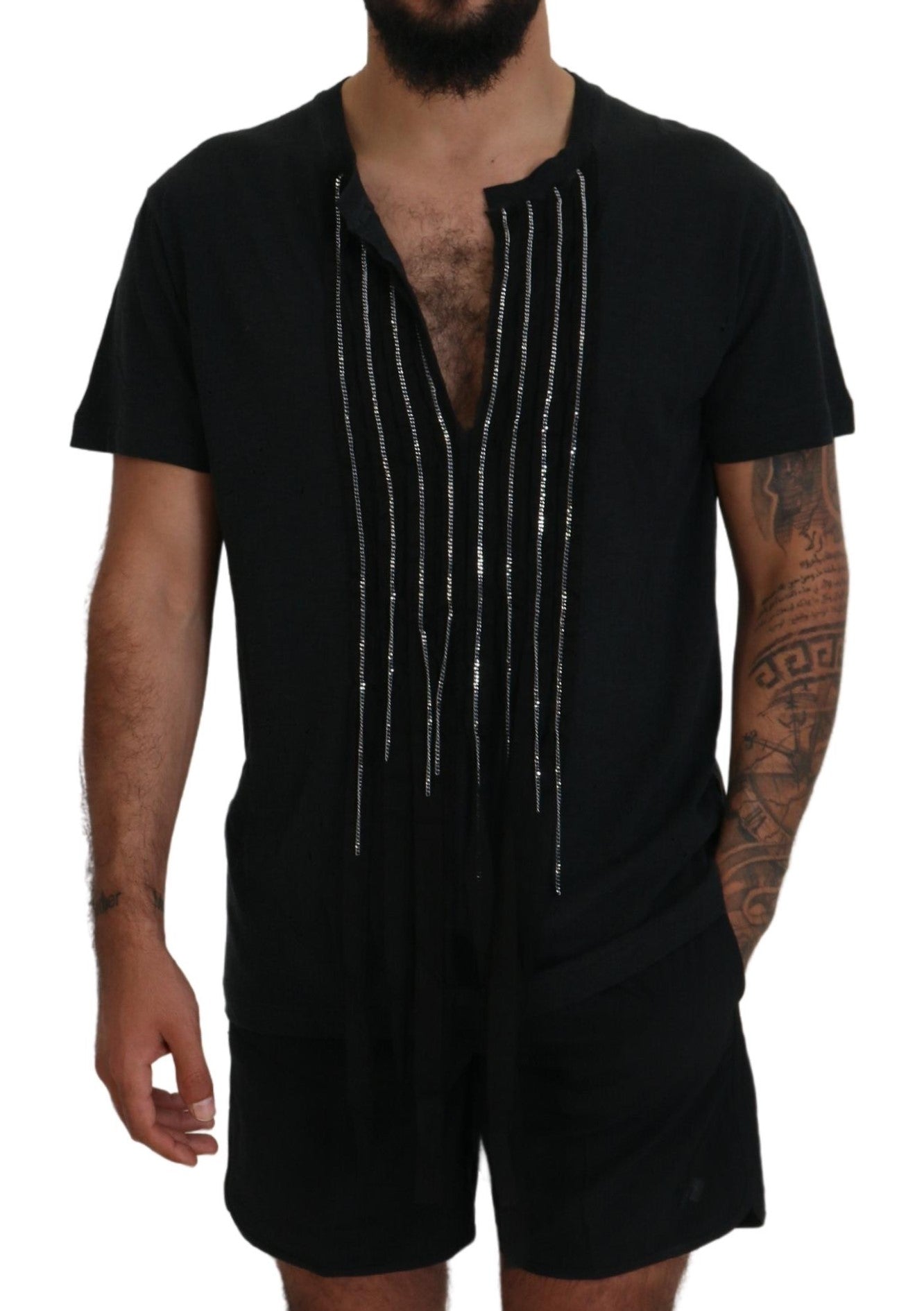 تي شيرت قطني بأكمام قصيرة مزين بسلسلة سوداء من Dsquared²