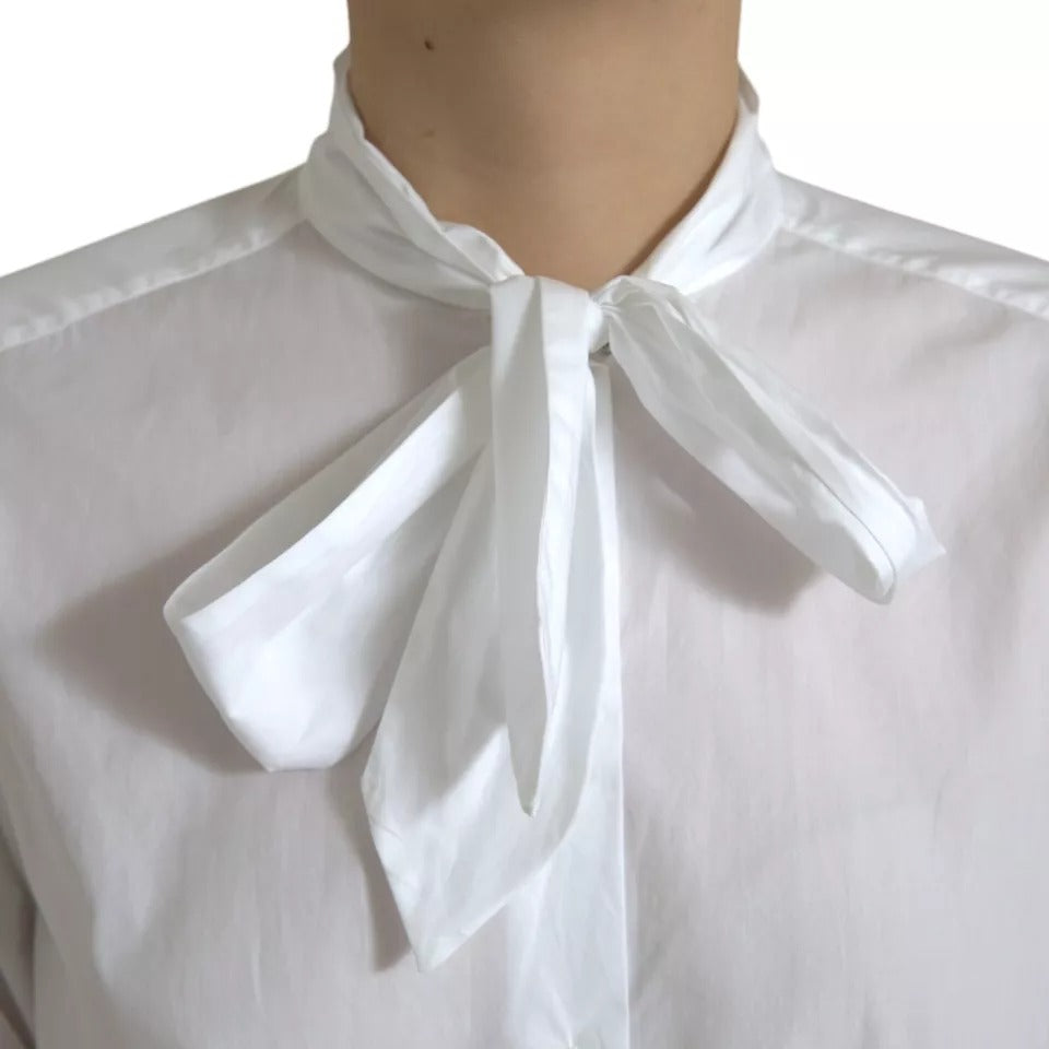 Dolce & Gabbana – Weißes, langärmliges Oberteil aus Baumwolle mit Ascot-Kragen