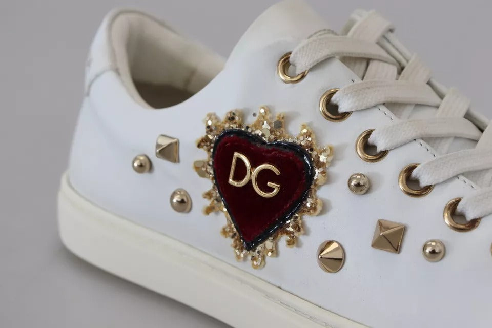 Dolce & Gabbana Weiße Leder Gold Rote Herz Sneakers Schuhe