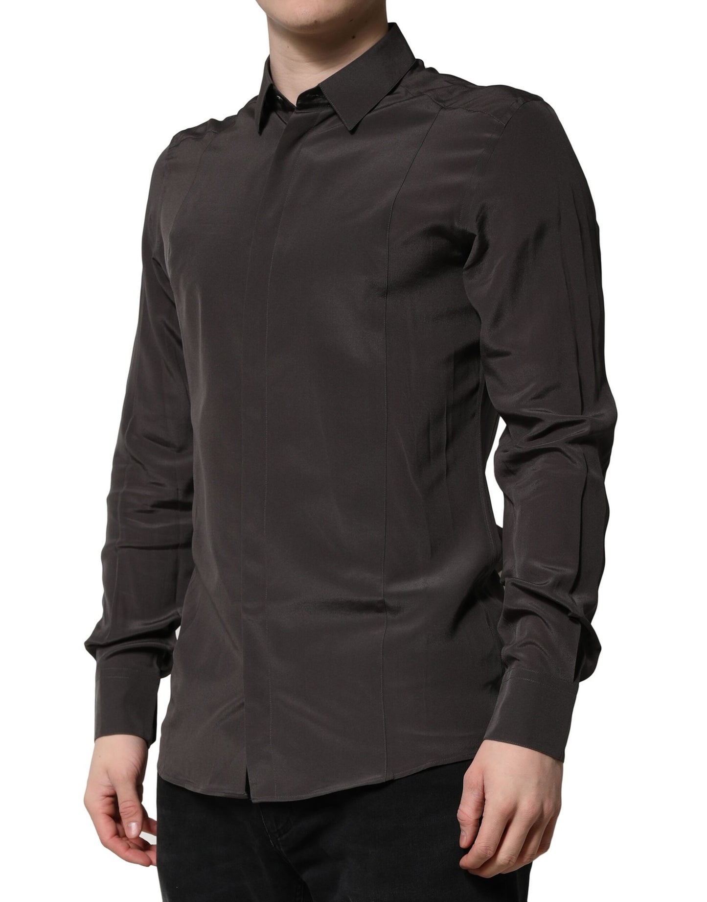 Dolce & Gabbana Dunkelbraunes Seiden-GOLD-Herrenhemd