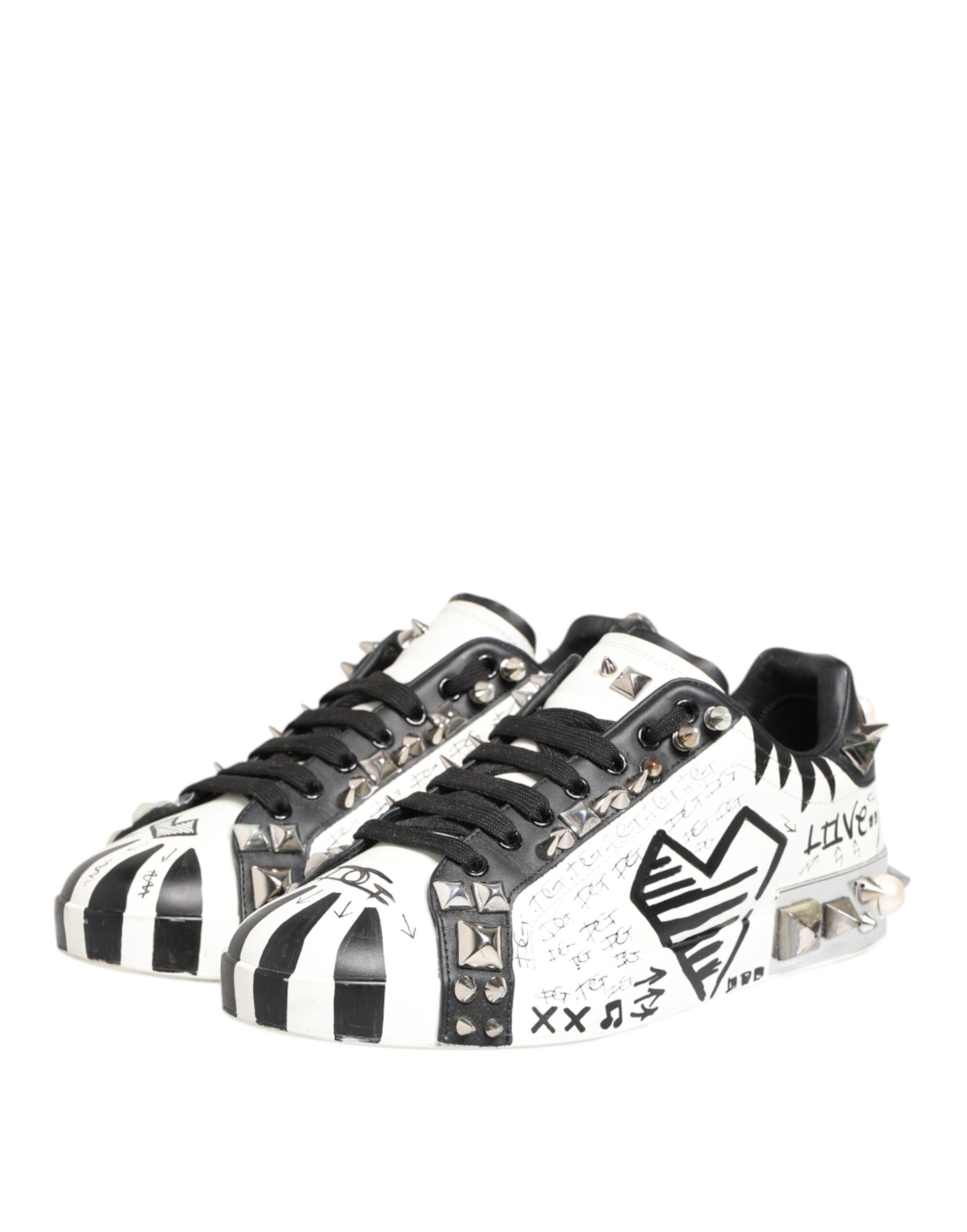 Dolce & Gabbana – Weiße, bedruckte Low-Top-Sneakers mit Nieten