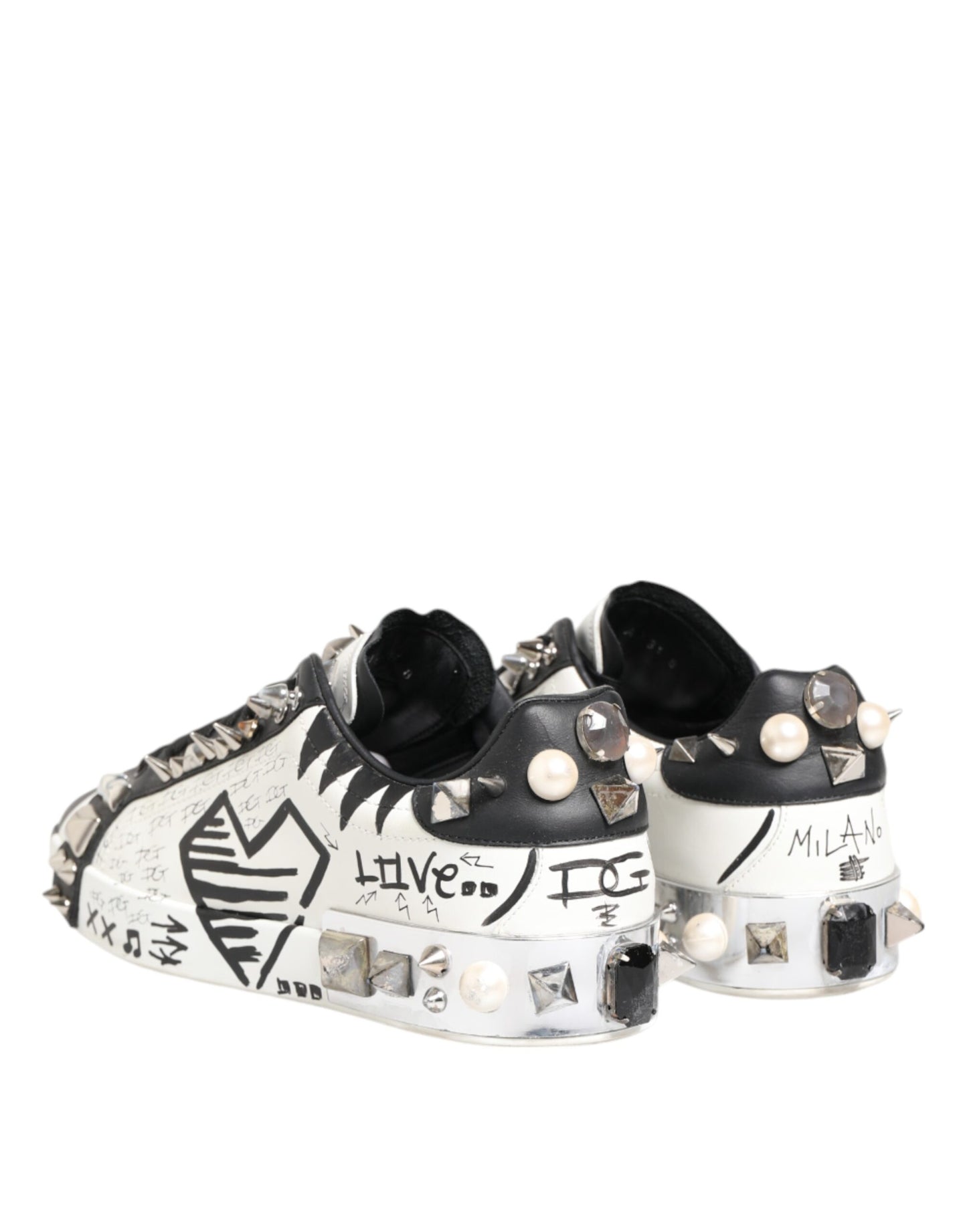 Dolce & Gabbana – Weiße, bedruckte Low-Top-Sneakers mit Nieten