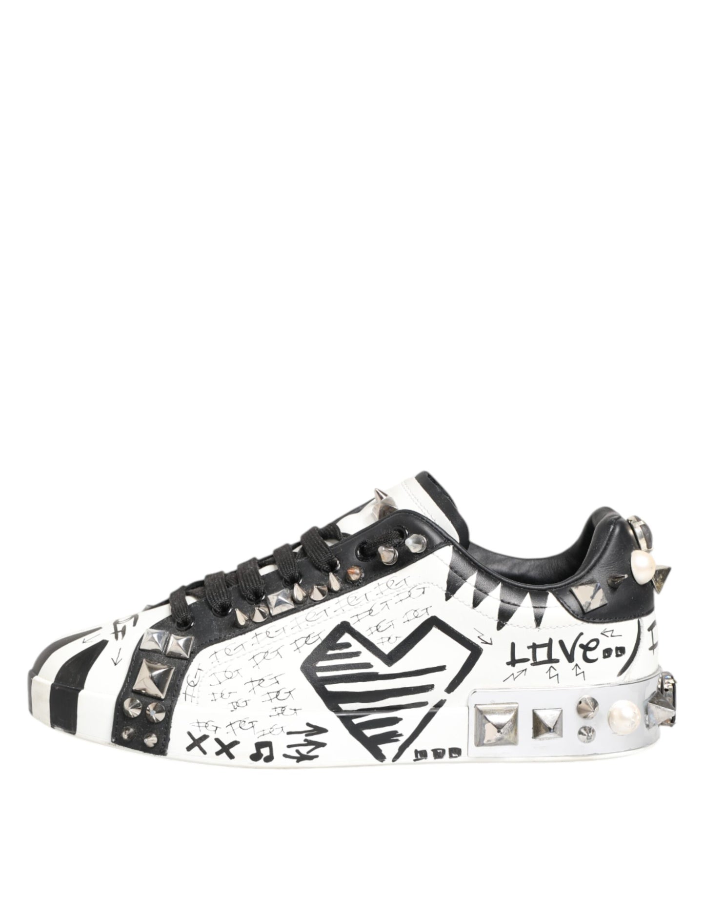 Dolce & Gabbana – Weiße, bedruckte Low-Top-Sneakers mit Nieten