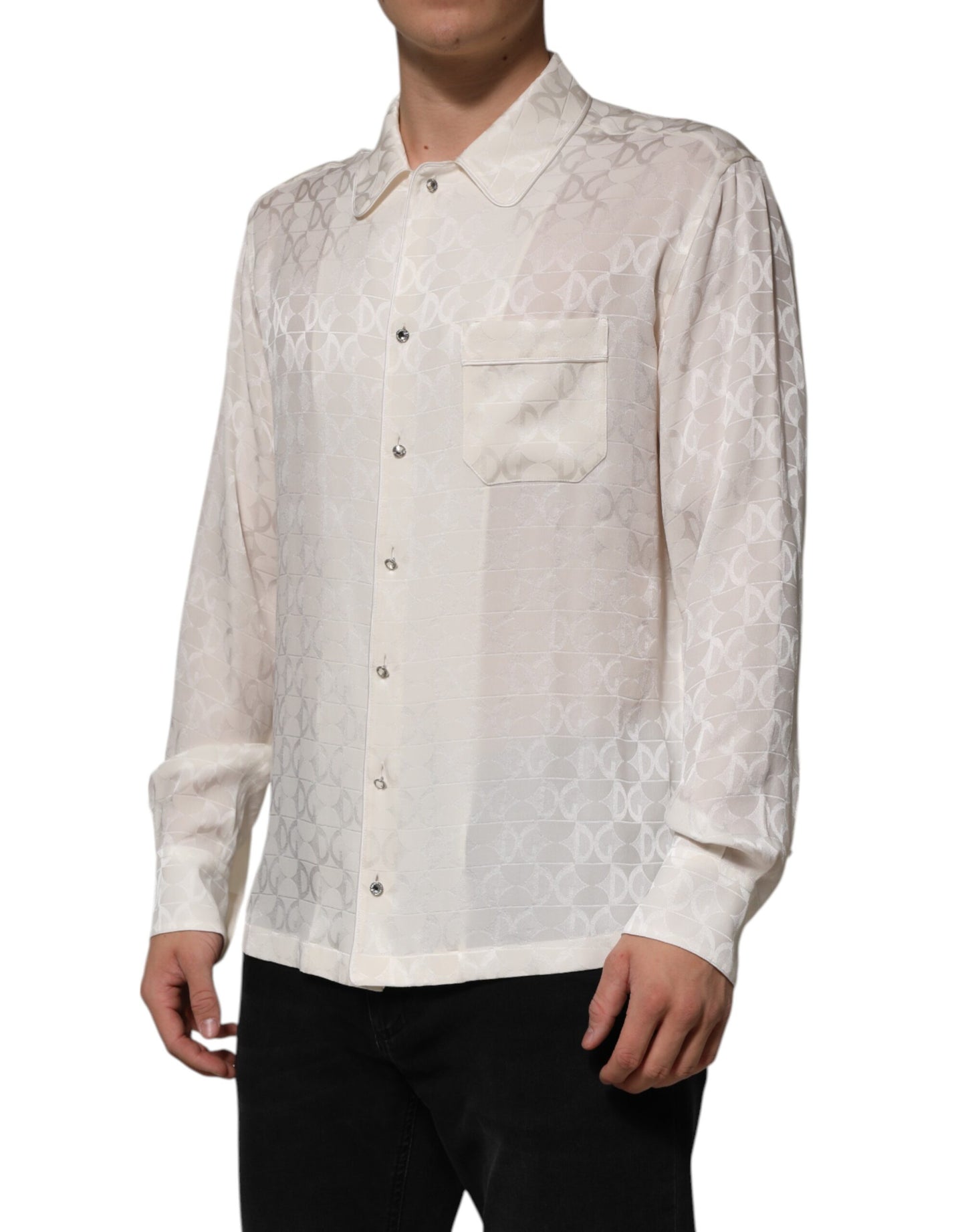 Dolce & Gabbana – Langärmliges Hemd aus weißer Seide mit DG-Logo-Print