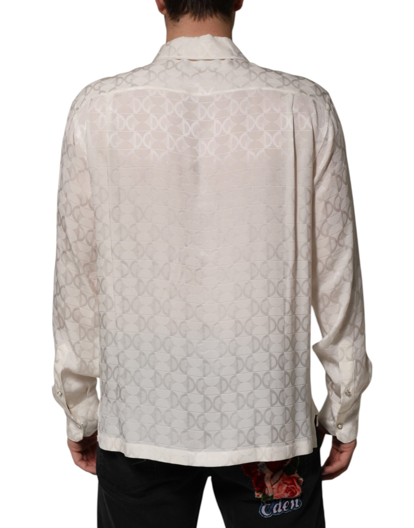 Dolce & Gabbana – Langärmliges Hemd aus weißer Seide mit DG-Logo-Print
