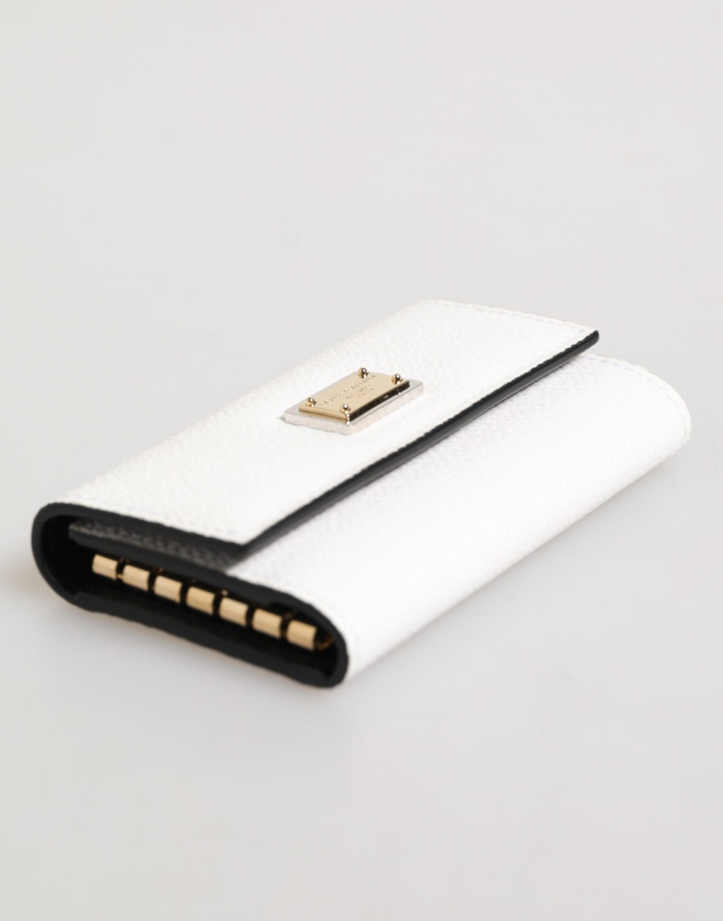 Dolce & Gabbana White Leather Card Case Holder Wallet Gold Logo Plate Key Holder