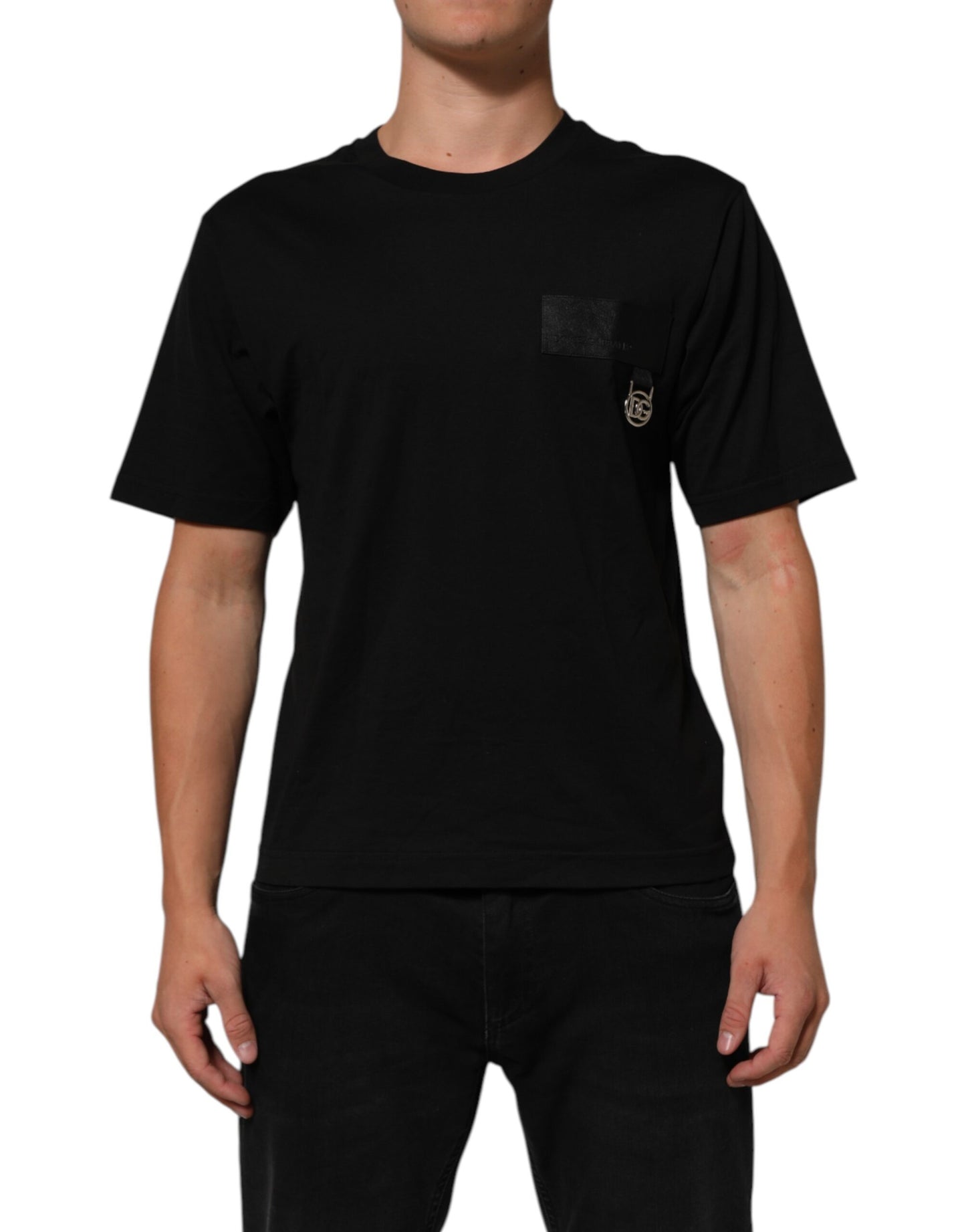 Dolce & Gabbana – Schwarzes Baumwoll-T-Shirt mit Rundhalsausschnitt und Logo-Plakette