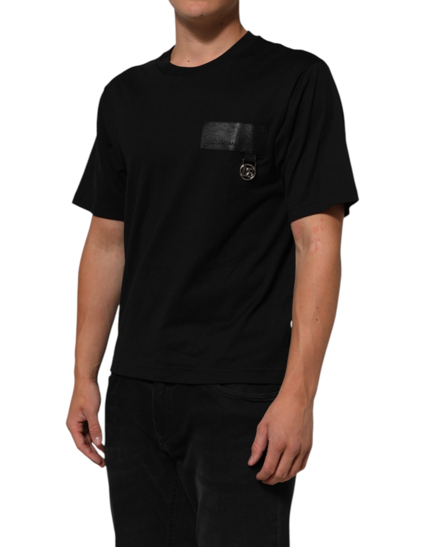 Dolce & Gabbana – Schwarzes Baumwoll-T-Shirt mit Rundhalsausschnitt und Logo-Plakette