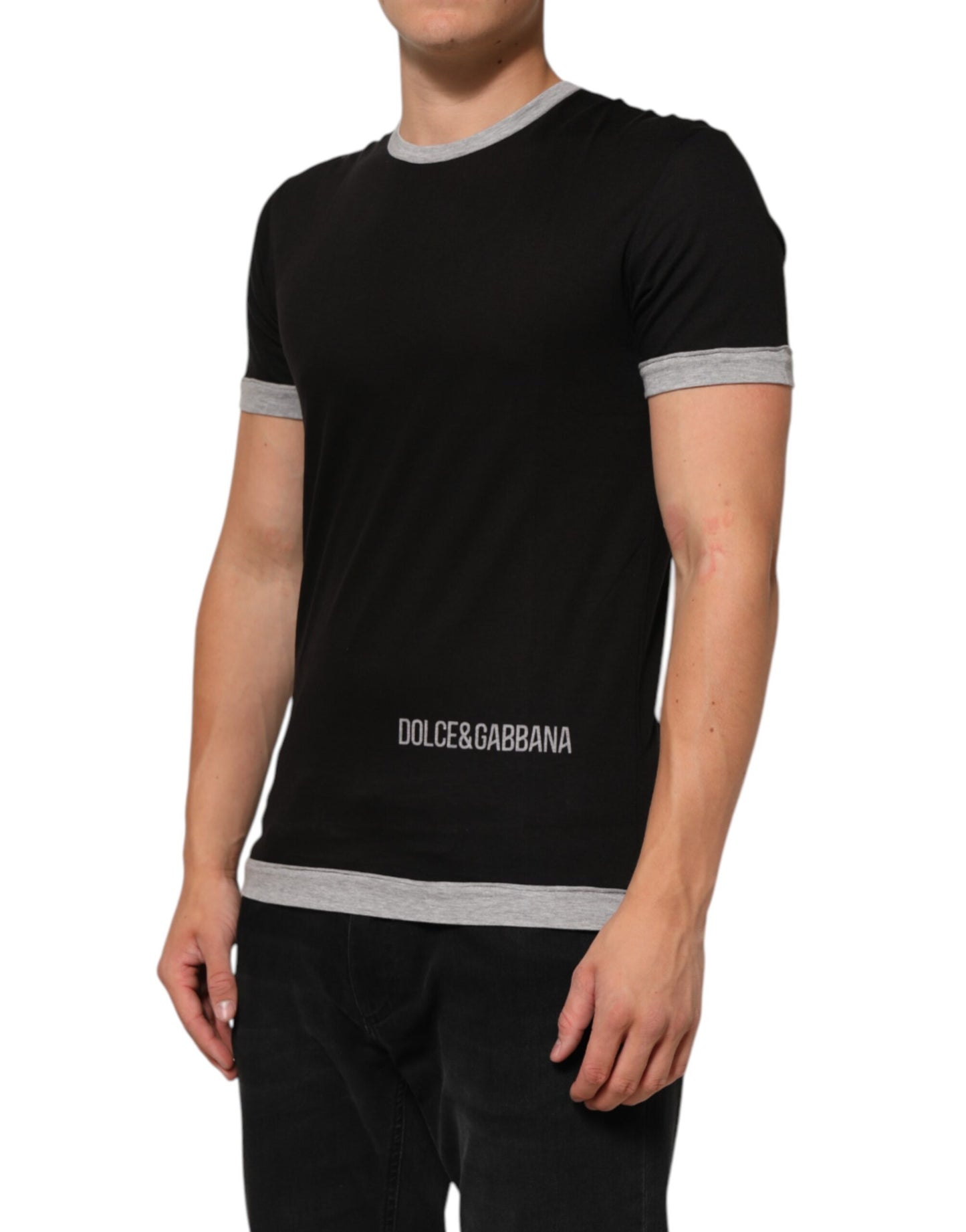 Dolce & Gabbana Black Cotton Logo Print Men Crew Neck T-shirt