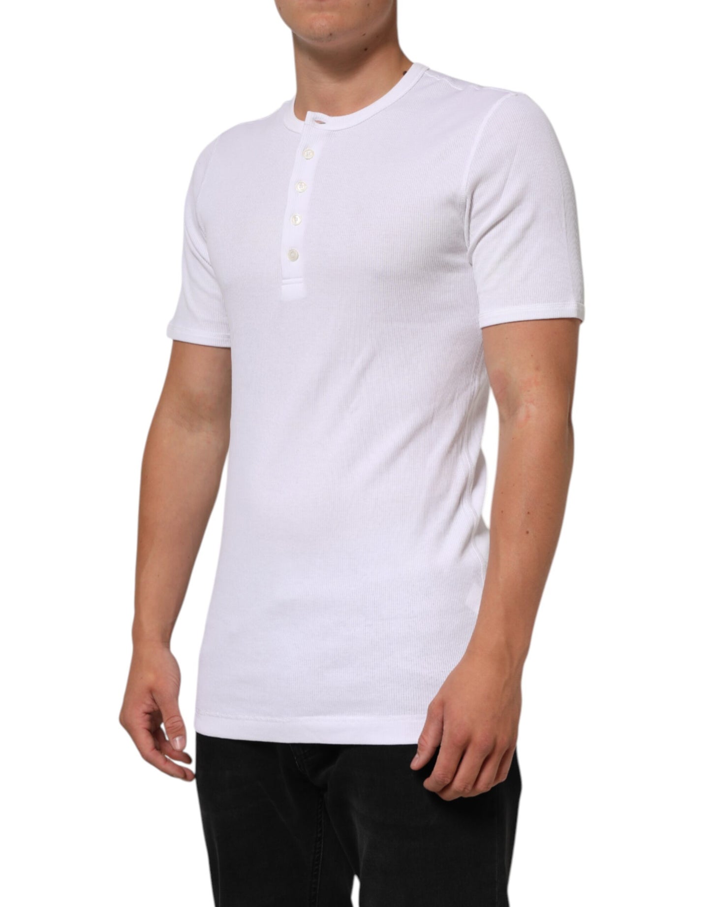 Dolce & Gabbana White Cotton Button Henley Shirt Men T-shirt