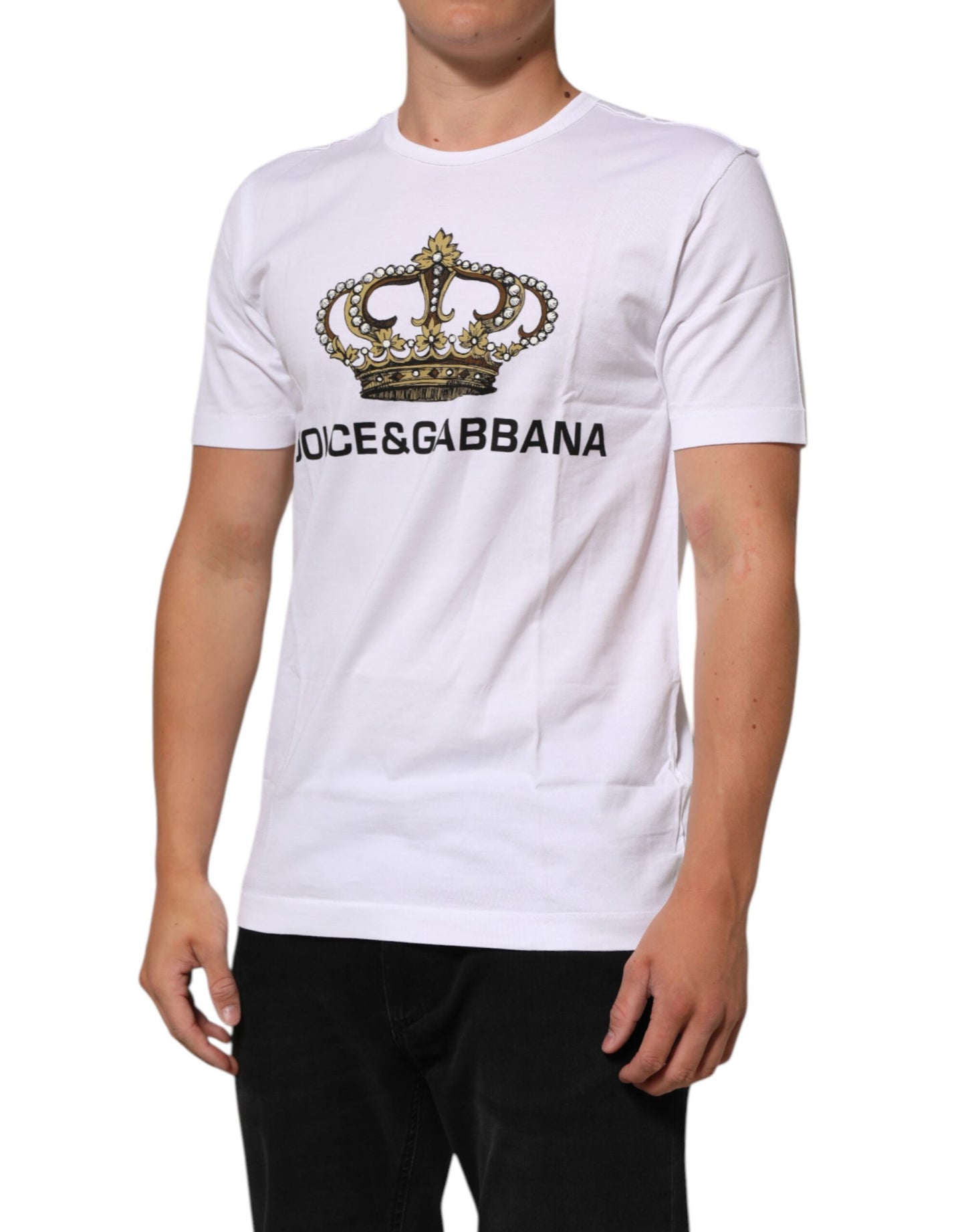 Dolce & Gabbana White Crown Print Cotton Crew Neck T-shirt