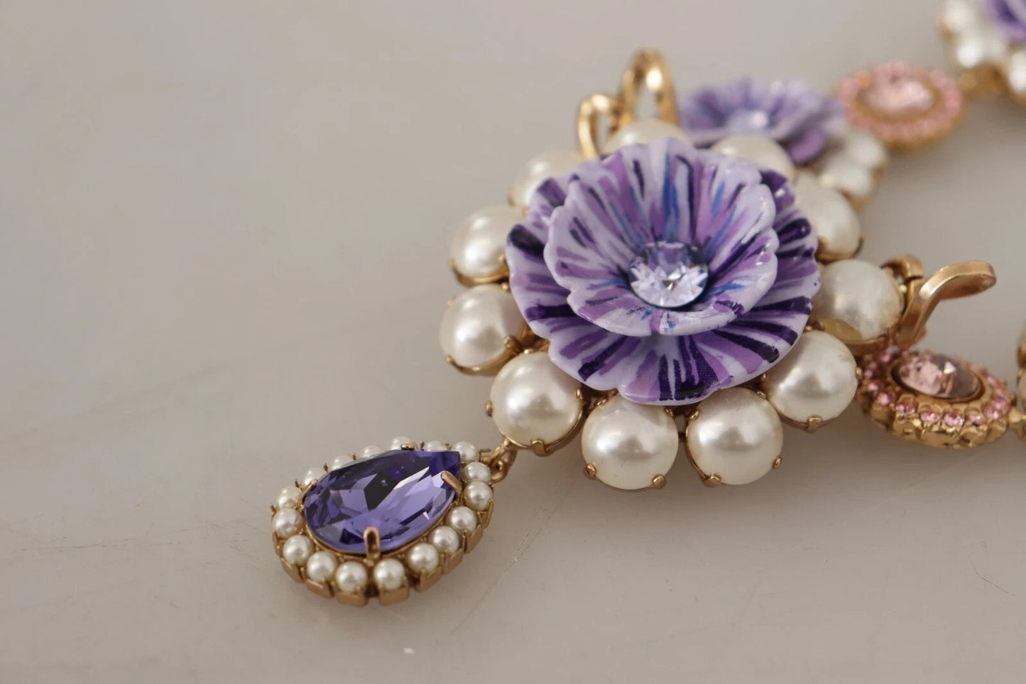 Dolce & Gabbana Gold Tone Floral Crystals Purple Embellished