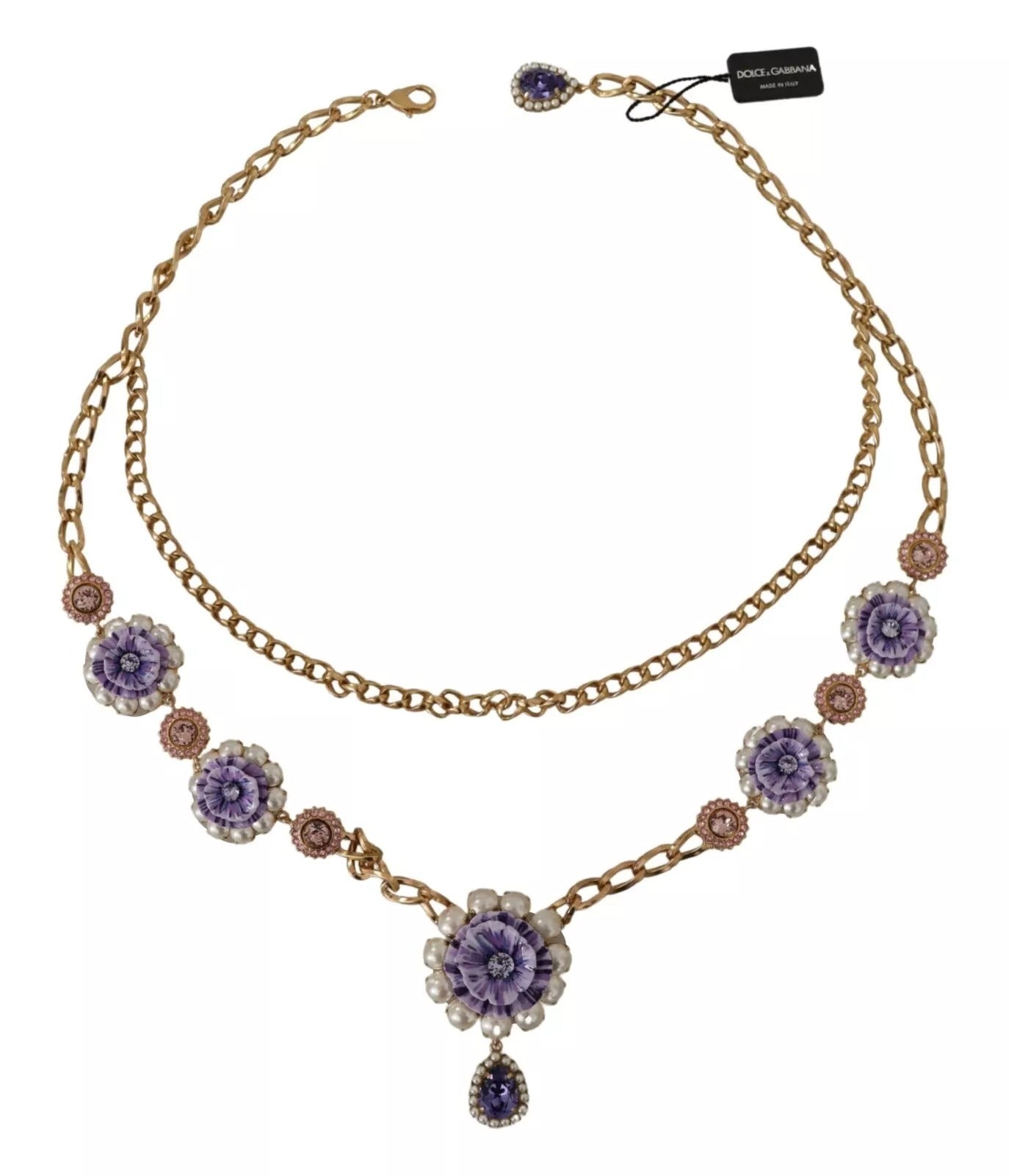 Dolce & Gabbana Gold Tone Floral Crystals Purple Embellished