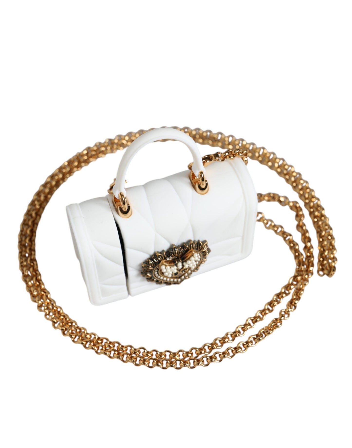 Dolce &amp; Gabbana – Weiße Silikonhülle „Devotion Heart“ mit Handtasche und Airpod-Hülle