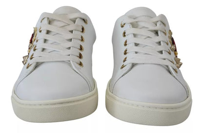 Dolce &amp; Gabbana Weiße Leder Gold Rote Herz Sneakers Schuhe