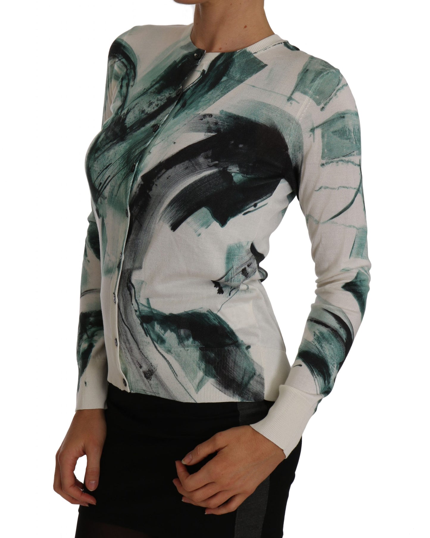 Dolce &amp; Gabbana – Weißer Seidencardigan, leichter Pullover mit Farbstrichen