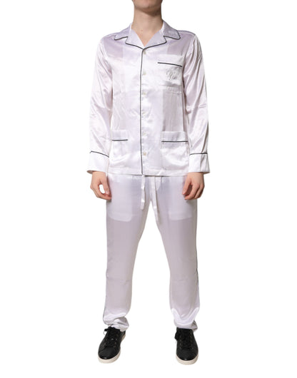 Dolce &amp; Gabbana Weiß Satin Seide Männer Pyjama Set Nachtwäsche