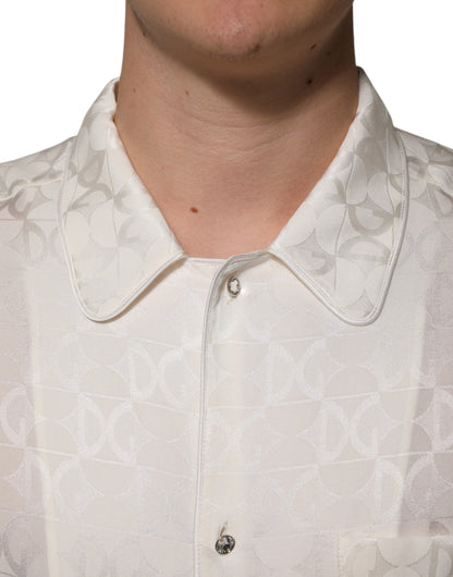 Dolce &amp; Gabbana – Langärmliges Hemd aus weißer Seide mit DG-Logo-Print