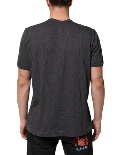 Dolce & Gabbana Grey Cotton V-Neck Logo Plaque Melange T-Shirt