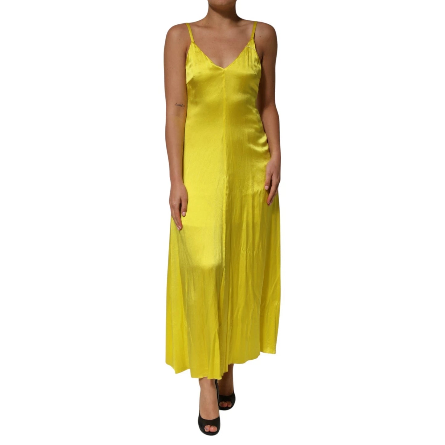 Tonello Gelbes Seidensatin-Maxikleid mit Spaghettiträgern