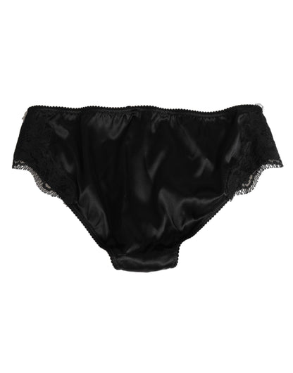 Dolce & Gabbana Black Silk Floral Lace Mid Waist Panty Underwear