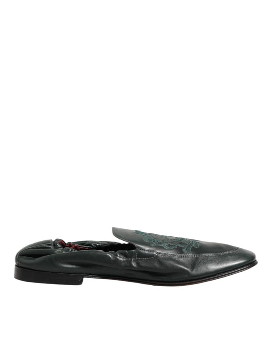 Dolce & Gabbana Green Leather Slip On Men Flat Loafers Shoes