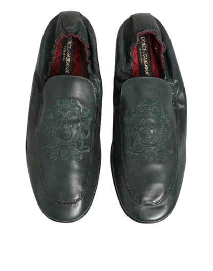 Dolce & Gabbana Green Leather Slip On Men Flat Loafers Shoes