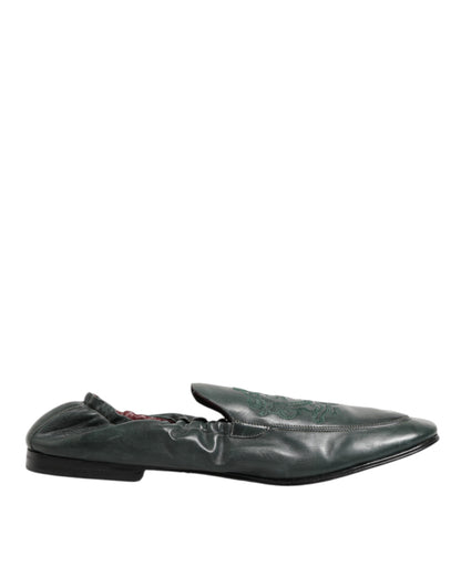 Dolce & Gabbana Green Leather Slip On Men Flat Loafers Shoes