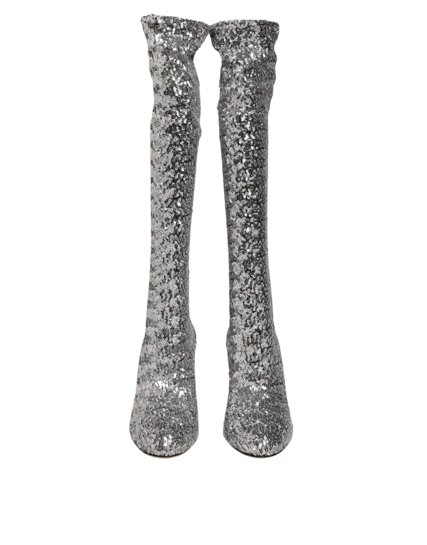 Dolce & Gabbana Silver Sequins Glitter High Heel Boot Shoes