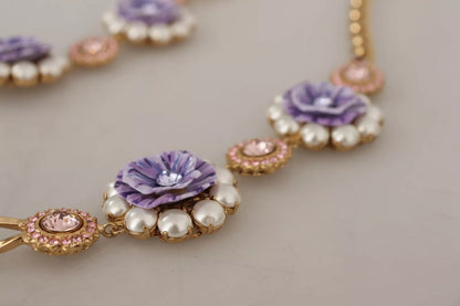 Dolce & Gabbana Gold Tone Floral Crystals Purple Embellished