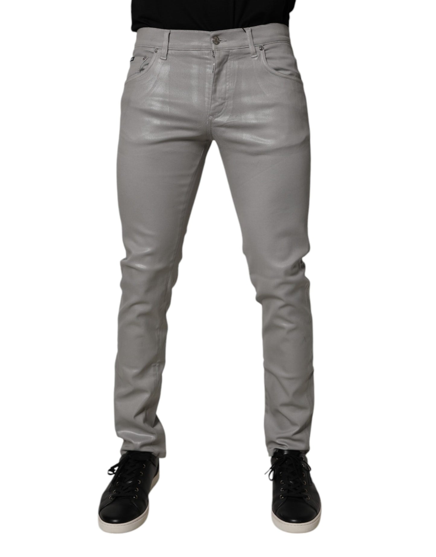 Dolce & Gabbana Gray Slim Fit Denim Cotton Metal Logo Jeans