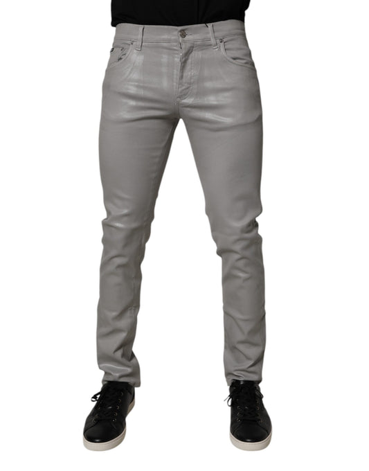 Dolce & Gabbana Gray Slim Fit Denim Cotton Metal Logo Jeans
