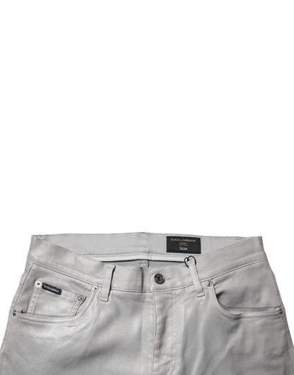 Dolce & Gabbana Gray Slim Fit Denim Cotton Metal Logo Jeans