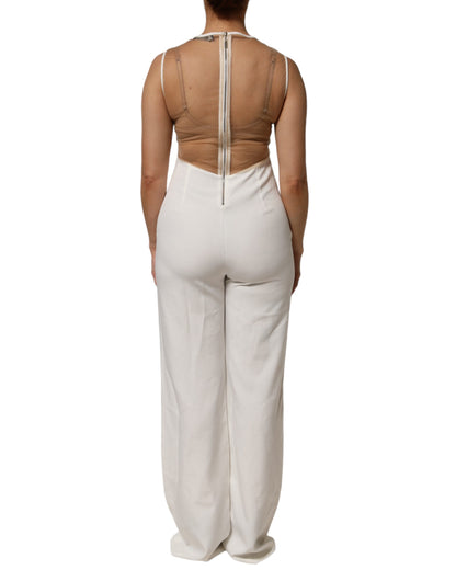 Mangano White Beige Mesh Crystal Embellished Sleeveless Jumpsuit