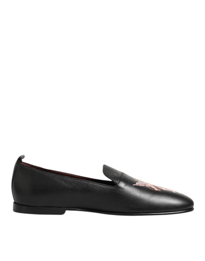 Dolce & Gabbana Black DG Angel Leather Slip On Loafers Shoes