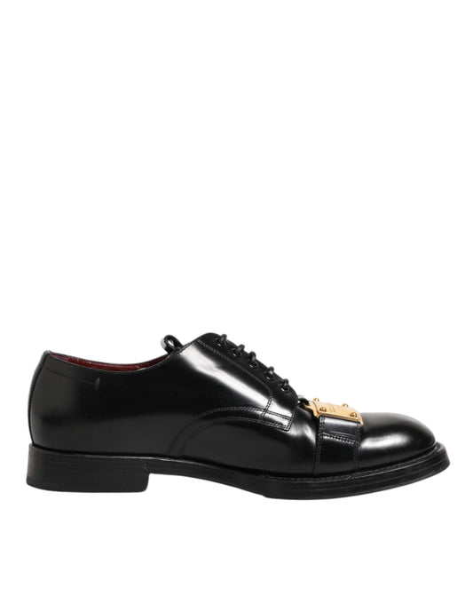 Dolce & Gabbana Black Leather Dress Lace Up Logo Plaque Shoes