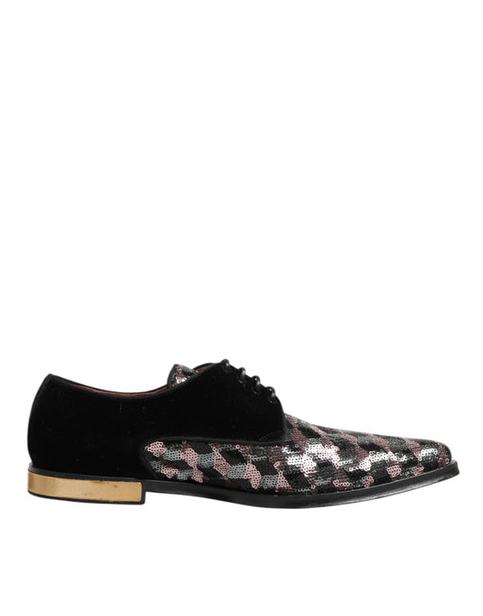 Dolce & Gabbana Black Velvet Multicolor Sequin Derby Men Shoes