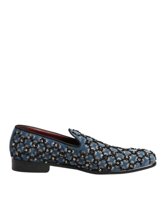 Dolce & Gabbana Blue Velvet Crystal Detailing Loafer Men Shoes