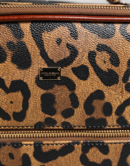 Dolce & Gabbana Brown Leopard Print Leather Trolley Travel Wheel Suitcase Bag