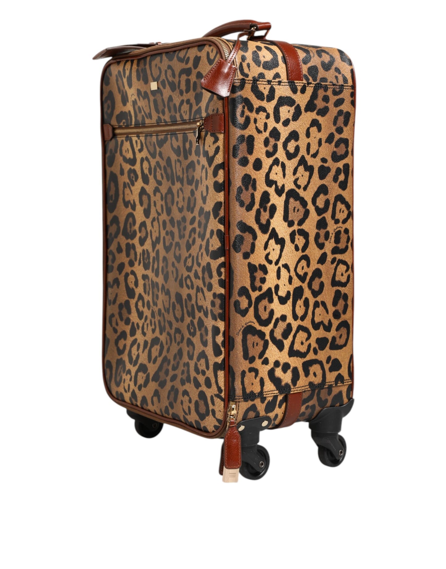 Dolce & Gabbana Brown Leopard Print Leather Trolley Travel Wheel Suitcase Bag