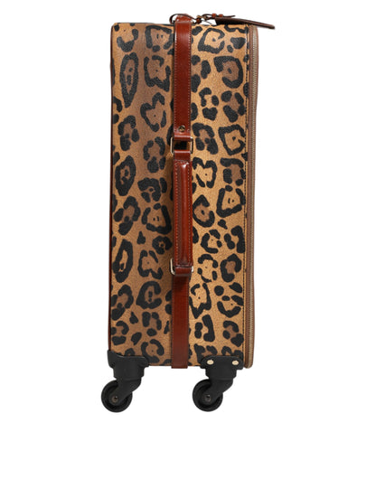 Dolce & Gabbana Brown Leopard Print Leather Trolley Travel Wheel Suitcase Bag